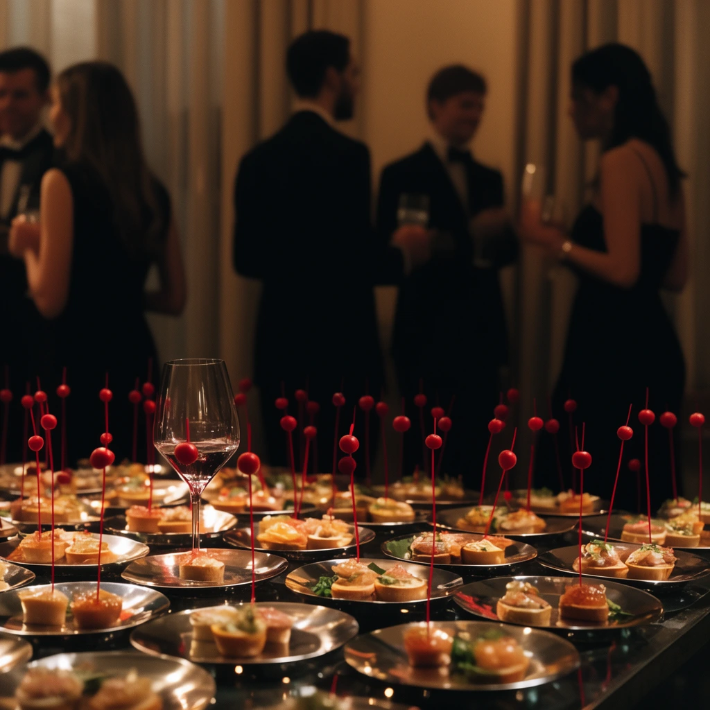 Guests in black tie behind a table of canapés