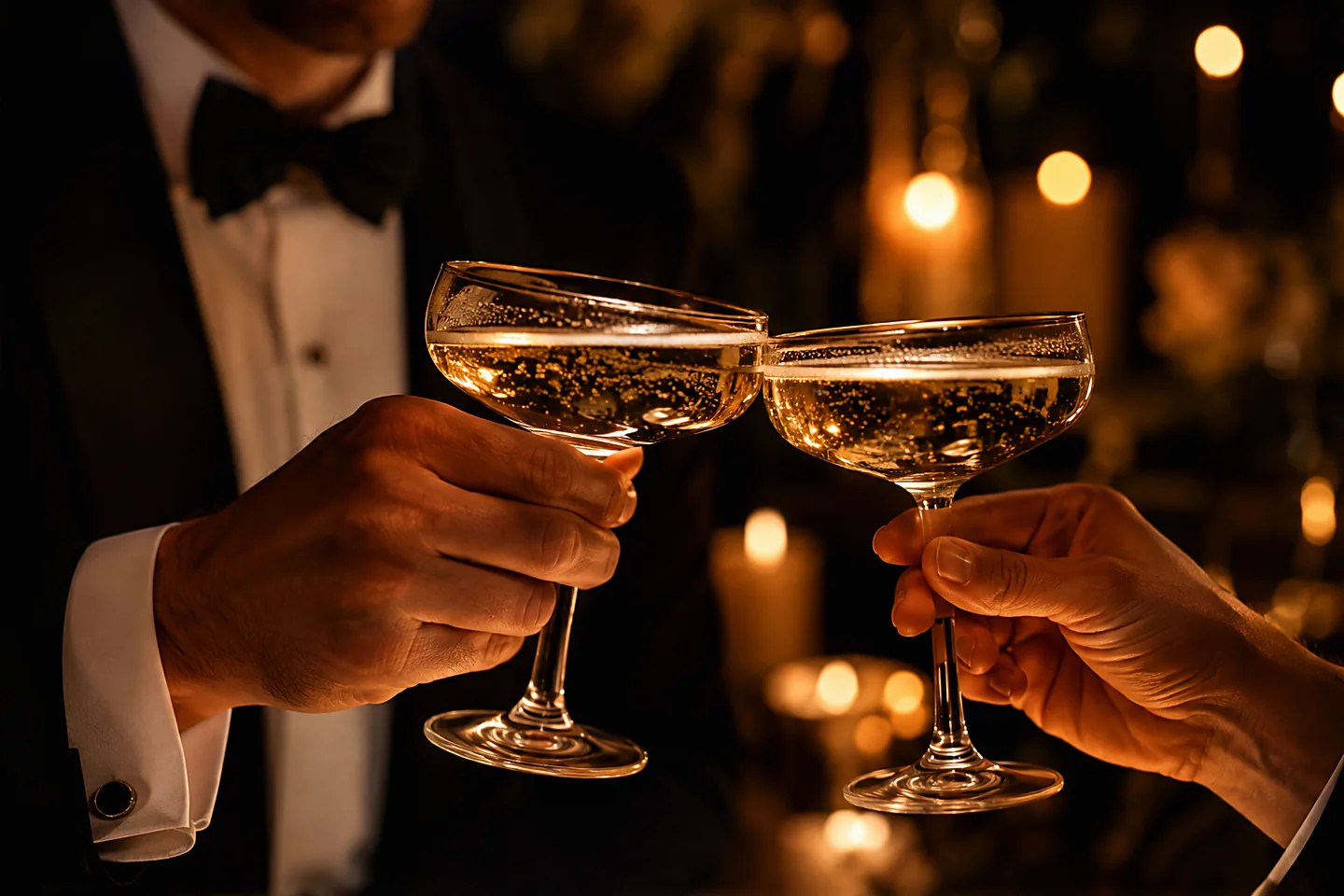 Two champagne coupes raised in a toast by candlelight