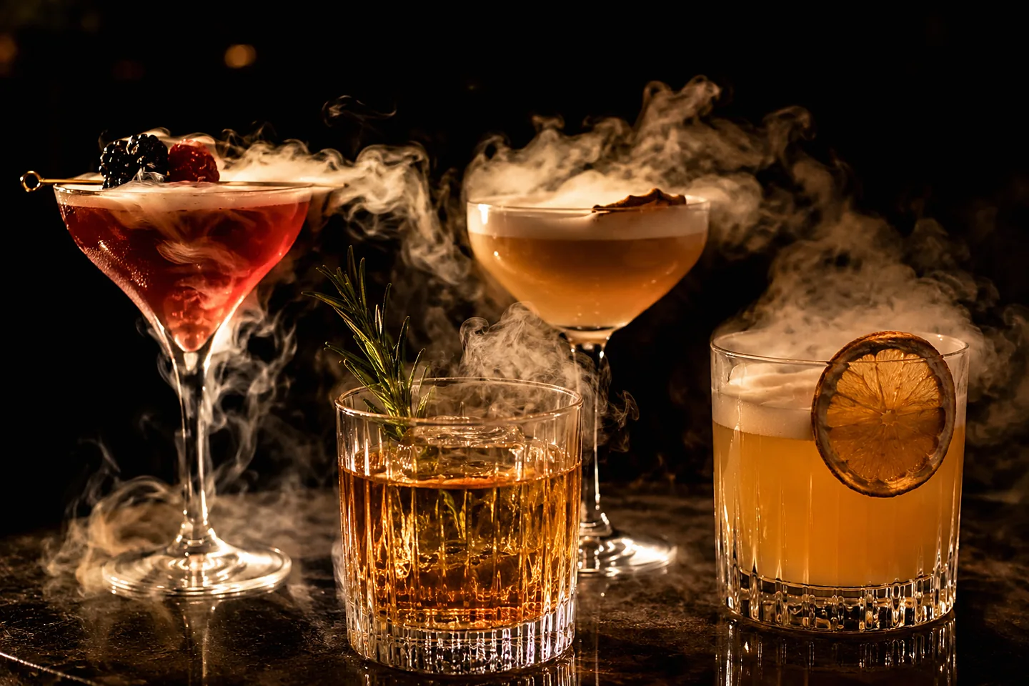 Cocktails served with dry ice in warm light