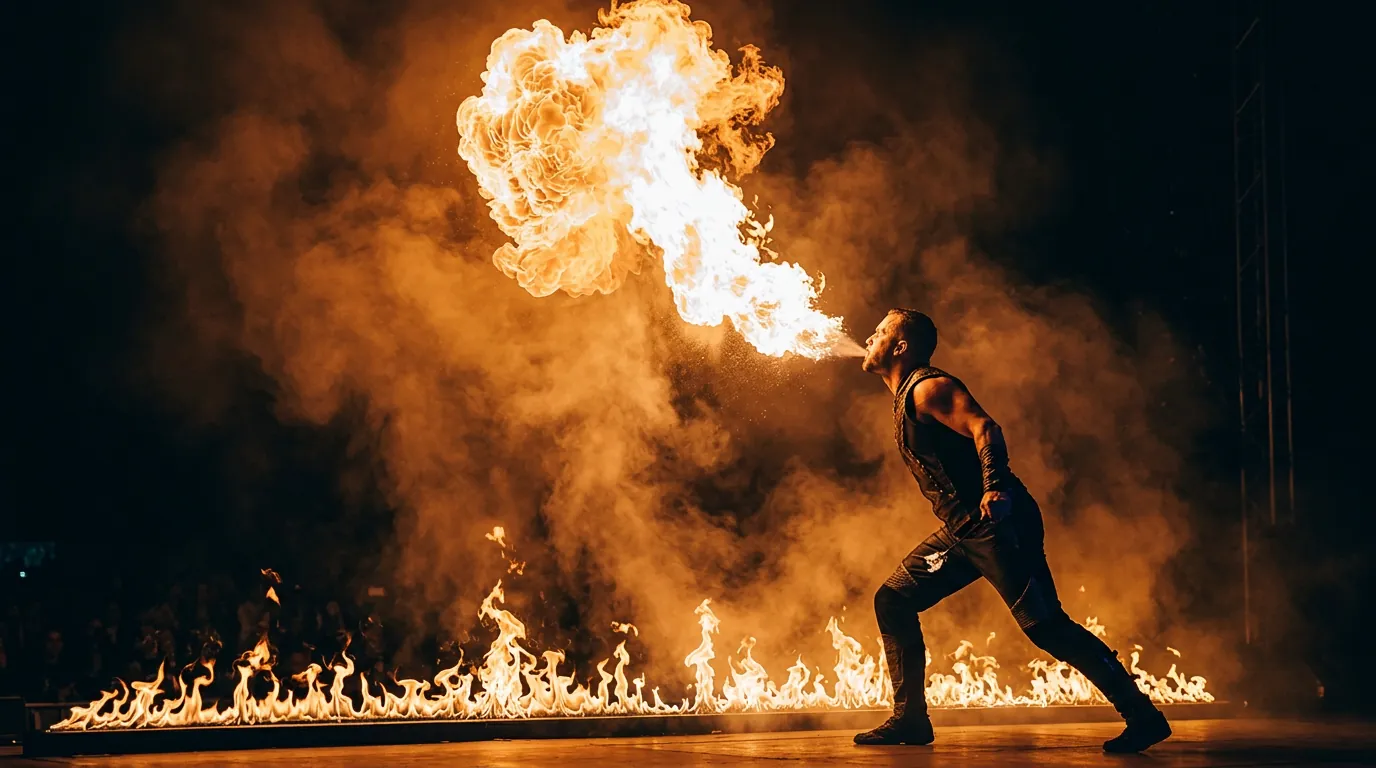 A fire-breather performing at night