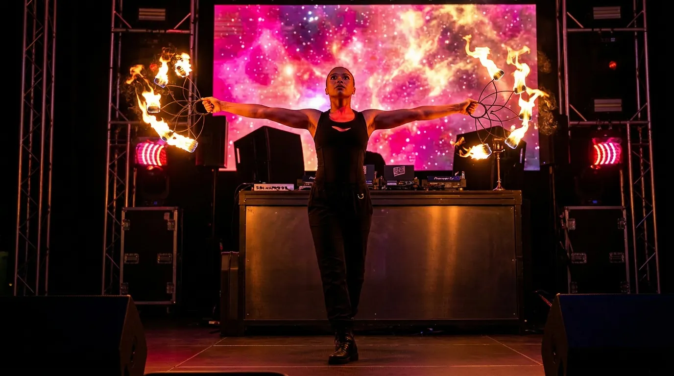 A fire performer on stage under coloured light