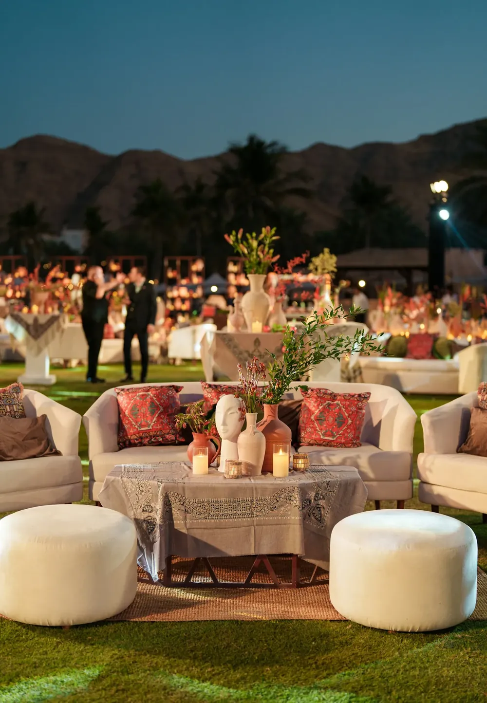 An outdoor evening lounge set up for guests