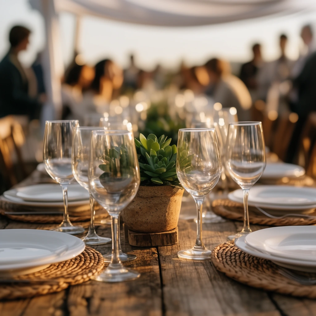 A long candlelit dinner table set outdoors at sunset